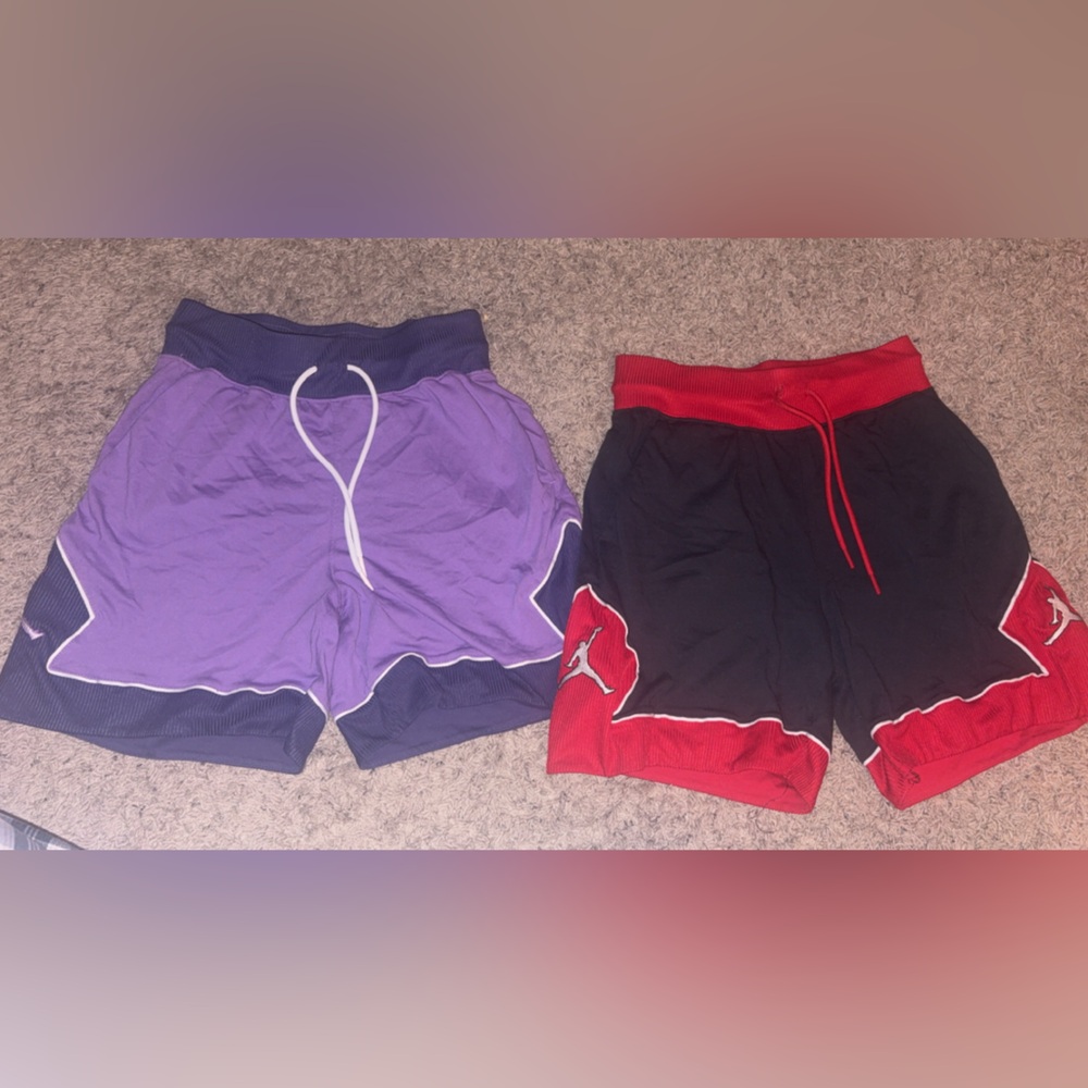 Jordan Diamond shorts: purple with black, and red with black